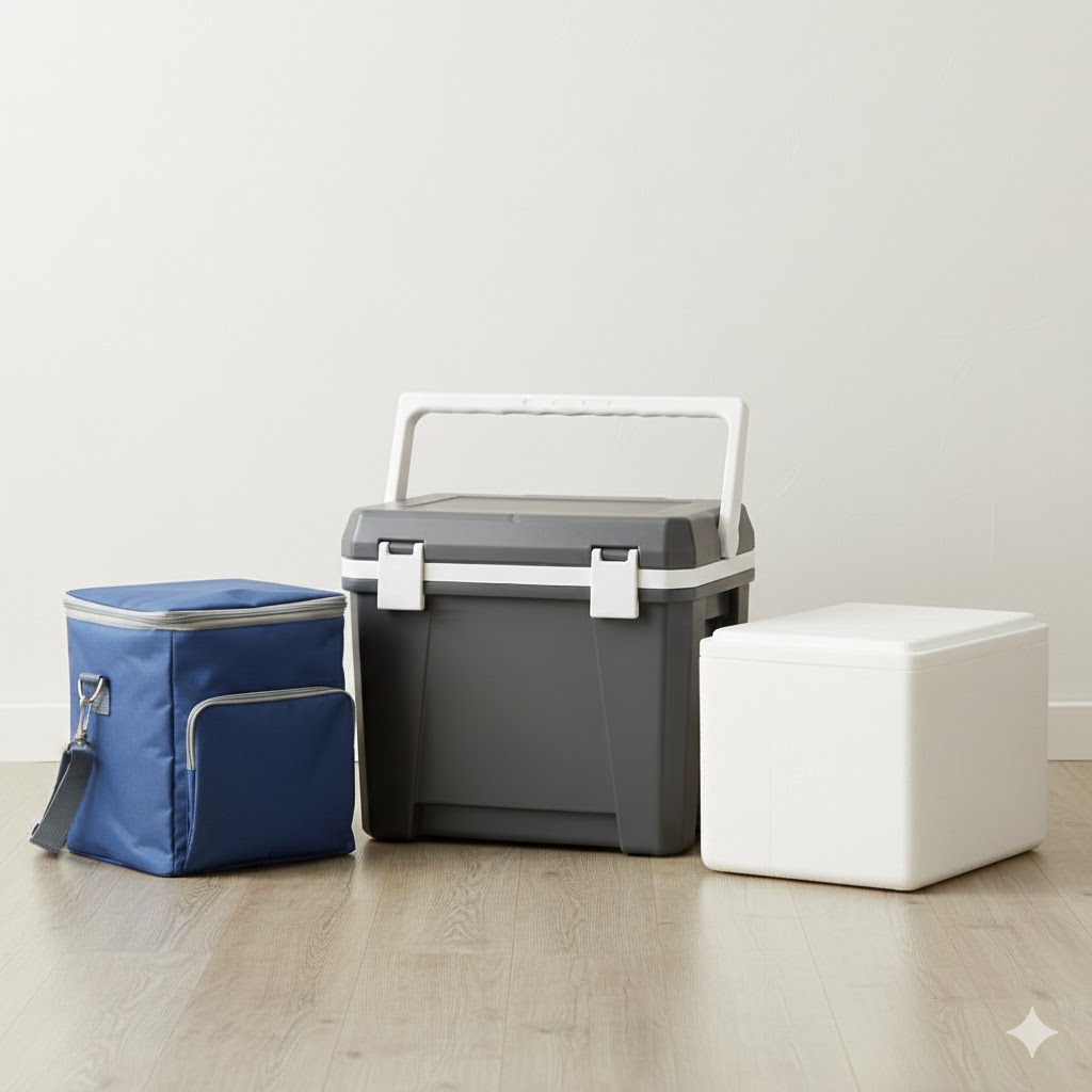 冷蔵庫の代用品として紹介される3つのアイテム(ハードタイプのクーラーボックス、布製の保冷バッグ、白い発泡スチロールボックス)が床に並べられている。