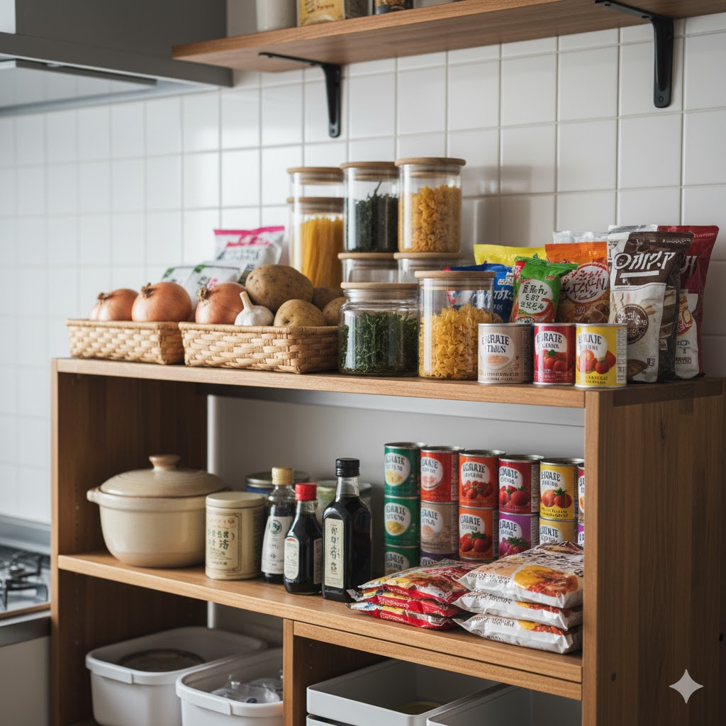 一人暮らしのキッチンの棚。玉ねぎ、じゃがいも、サバやツナの缶詰、パスタ、レトルト食品など、常温保存可能な食材がきれいに整理されている。