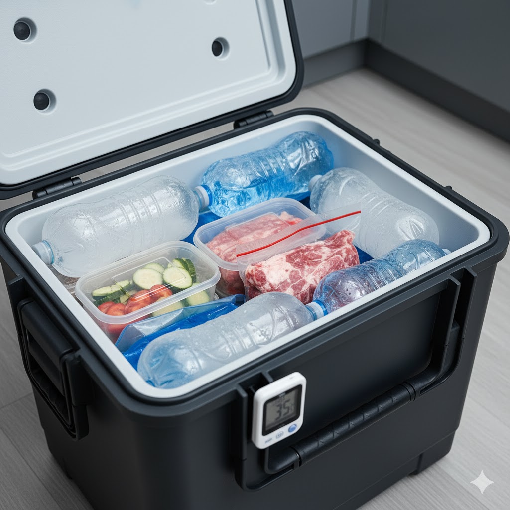 冷蔵庫代わりのクーラーボックス内で、食材と共に詰められた凍ったペットボトル。氷のブロックとして活用し、安全な温度管理をしている工夫を示す。