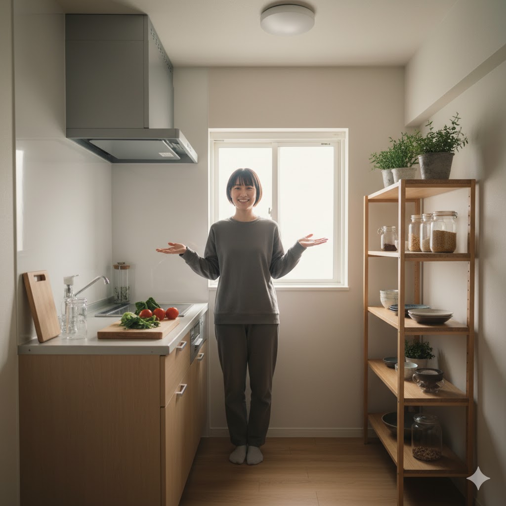 冷蔵庫がなく、すっきりと片付いた一人暮らし用のキッチン。冷蔵庫があったであろうスペースには、代わりに収納棚が置かれ、広く使えている様子。