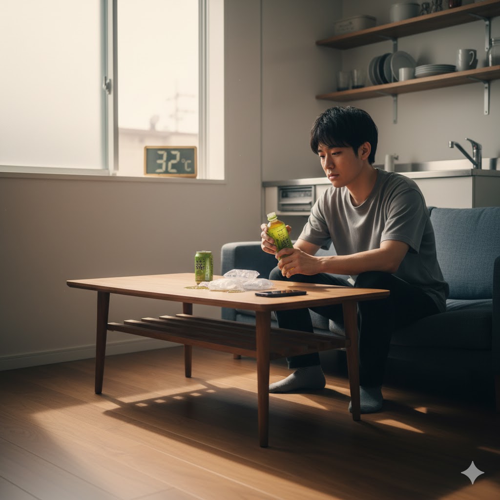 暑い夏の日、一人暮らしの部屋でテーブルに置かれた常温のペットボトル入りのお茶を飲み、少し不満そうな表情を浮かべる若い日本人男性。