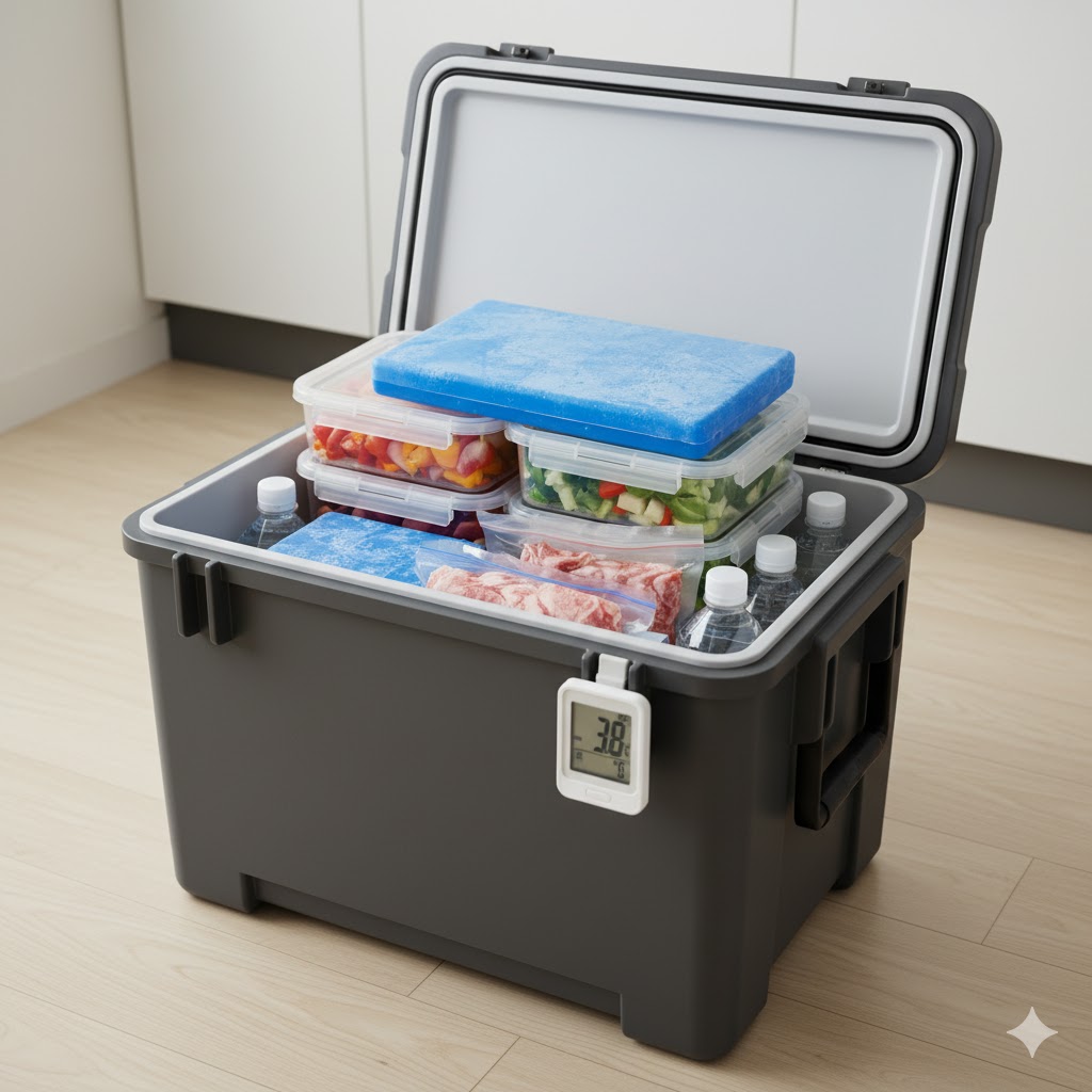 蓋が開けられたクーラーボックスの内部。底に敷かれた保冷剤の上に、飲み物や密閉容器に入った野菜が効率的に詰められている様子。